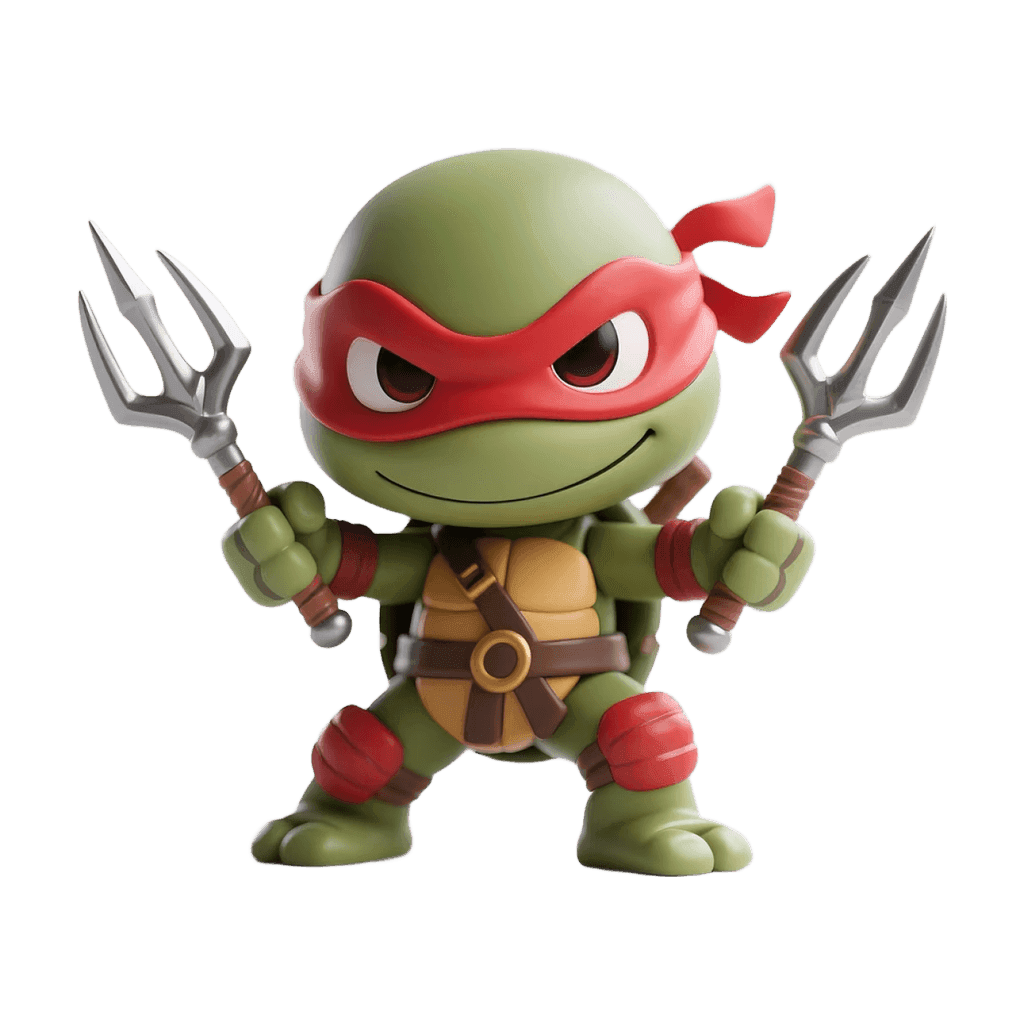 A red-masked cartoon turtle figurine holding a sai in each hand